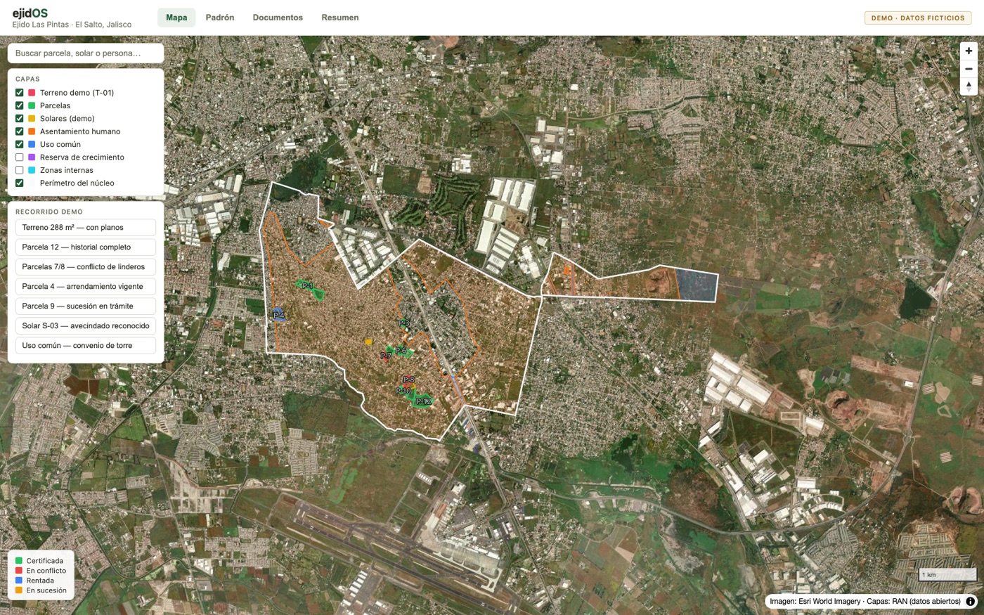 ejidOS: mapa del Ejido Las Pintas con las capas oficiales del RAN